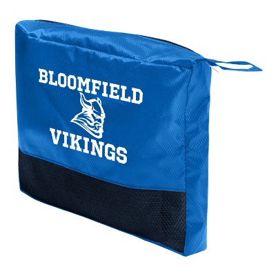 Charcoal gray polyester blanket in a branded mesh zipper bag.