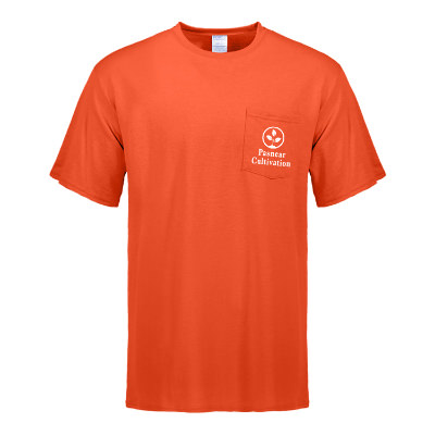 Orange tall pocket tee with custom imprint.