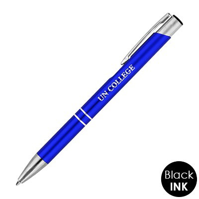 Blue metal pen with custom engraved logo.