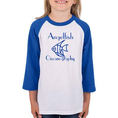 Youth custom blue and white 3/4 sleeve t shirt.