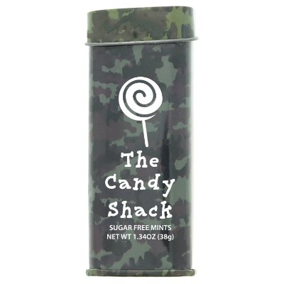 Tall camouflage mint tin imprint.