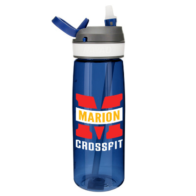 Plastic navy water bottle with custom full color logo in 27 oz.