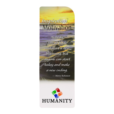 White cardstock bookmark with a custom logo.