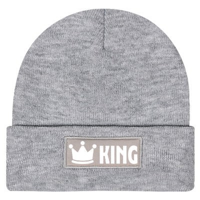Gray knit hat with personalized logo.