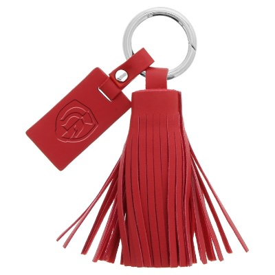 Black tassel keychain with custom debossed imprint.