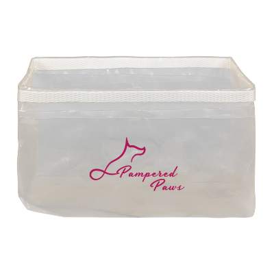Clear collapsible square pet bowl with custom imprint.