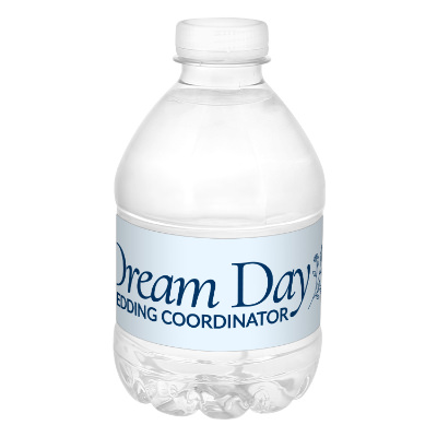 Clear plastic bottled water with a custom logo.