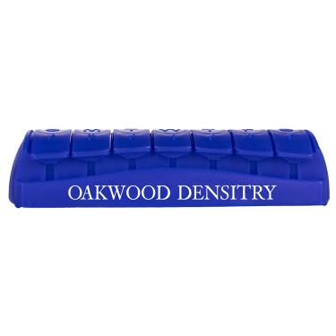 Blue plastic pill box with a custom imprint.