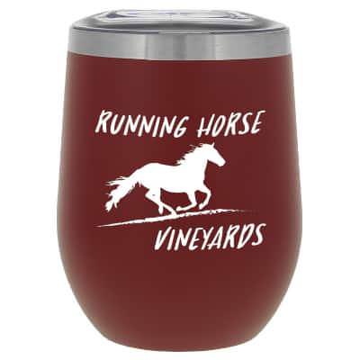 Stainless steel maroon wine tumbler with custom print in 12 ounces.