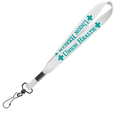 5/8 inch white tubular polyester custom design wrist lanyard with black j-hook.