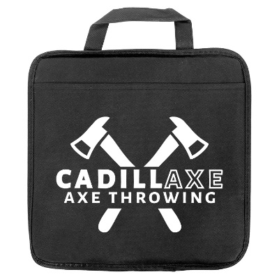Black polypropylene seat cushion with a branded logo.
