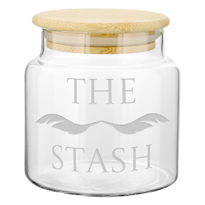 Clear glass jar with a personalized logo.