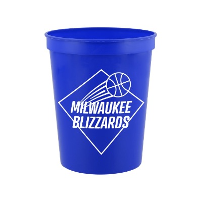 Plastic blue stadium cup with custom imprint in 16 ounces.