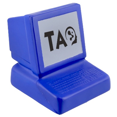 Blue foam stress ball with a personalized imprint.