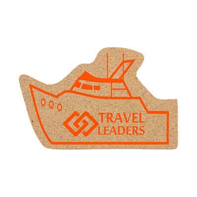 Large cork yacht coaster with personalized imprint.