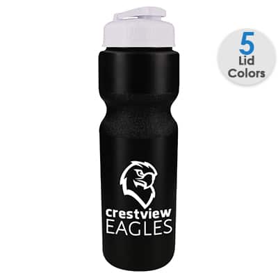 Plastic black water bottle with custom logo and flip top lid in 28 ounces.