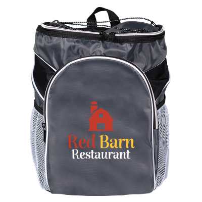 Gray backpack cooler with full-color logo.