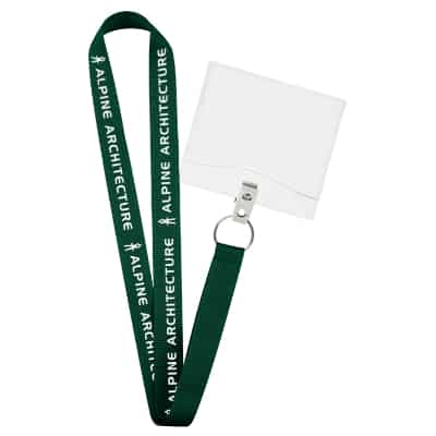 3/4 inch purple grosgrain polyester lanyard with custom logo, silver key ring and vertical ID holder.