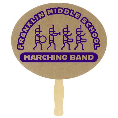 Paper brown hand fan with a personalized imprint.