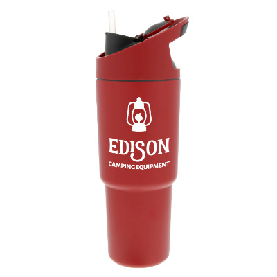 Stainless steel red water bottle with custom logo in 32 oz.