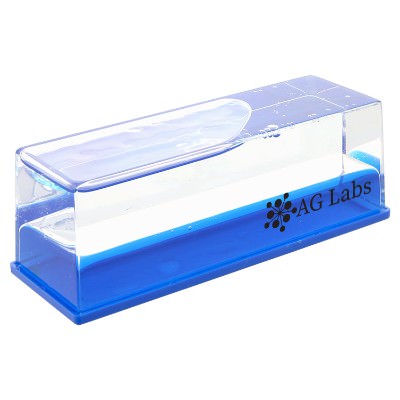Clear rectangular paperweight with blue gel inside and custom one color imprint.