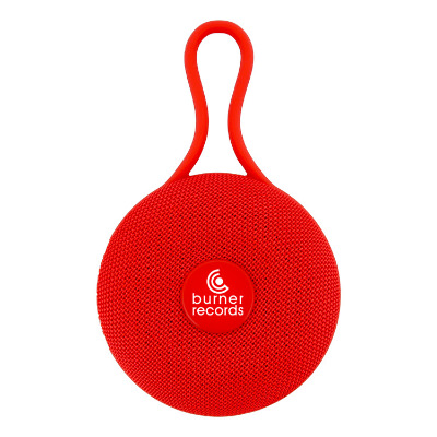 Red plastic speaker with a custom imprint.