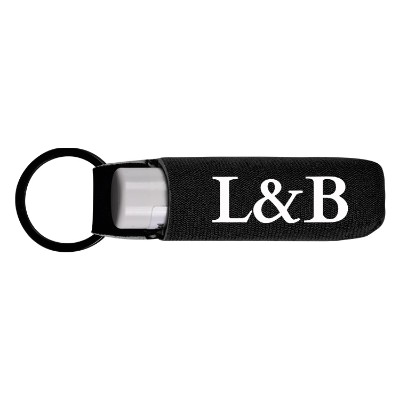 Black neoprene lip balm sleeve with a personalized logo.