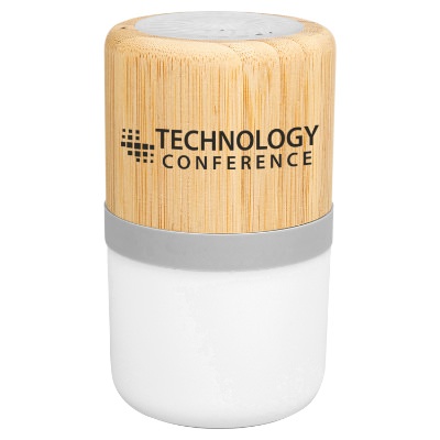 Wood plastic speaker with a personalized logo.
