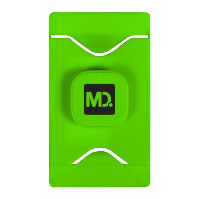 Green plastic phone wallet with a custom imprint.