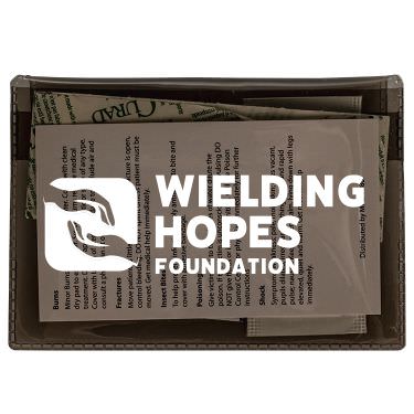 Black plastic first aid kit with a customizable logo.