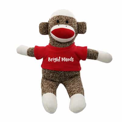 Plush and cotton red brown sock monkey with imprinting.