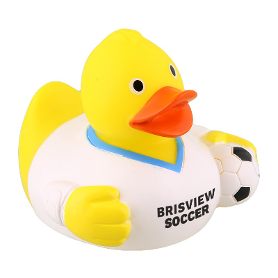 Yellow plastic rubber duck with a customized imprint.