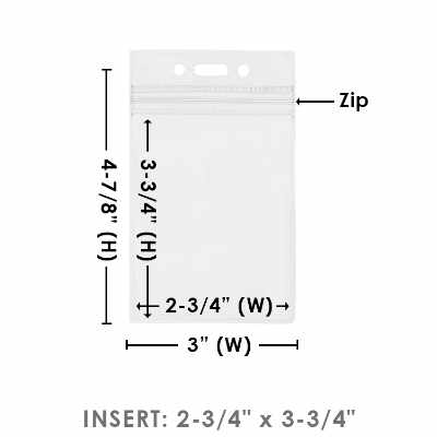 3 inch by 4.875 inch clear vertical badge pouch with sealable zipper.