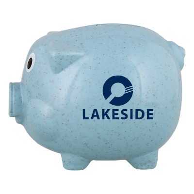 Blue plastic piggy bank with a personalized imprint.