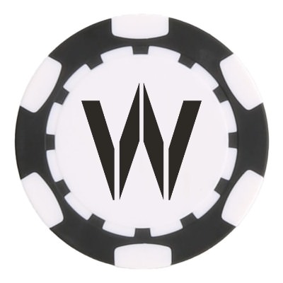Black plastic poker chip with a personalized logo.