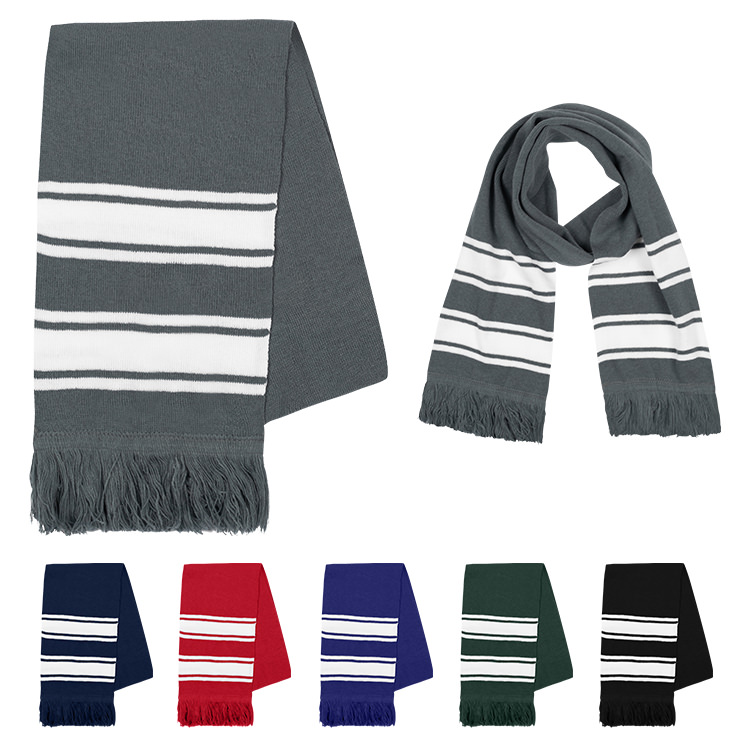 Folded blank gray scarf with fringe and white stripes.