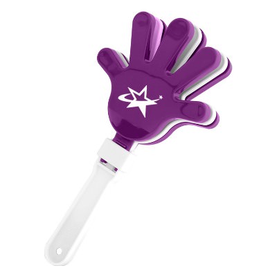 Purple plastic hand clapper with a custom logo.
