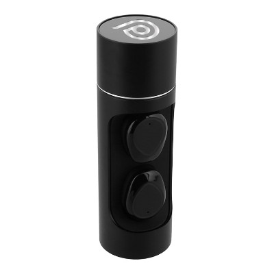 Black plastic earbuds with a personalized imprint.