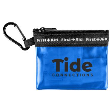 Blue vinyl first aid kit with a personalized imprint.