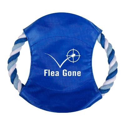 Blue fetch it dog toy with imprint.