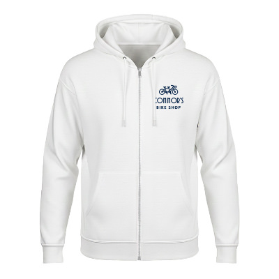 White custom zip up hooded sweatshirt.