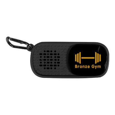 Black plastic earbuds branded with a logo.