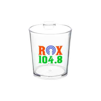 Arcylic clear shot glass with custom full-color imprint in 2 ounces.