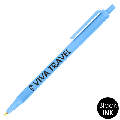 Plastic blue pen with a personalized imprint.