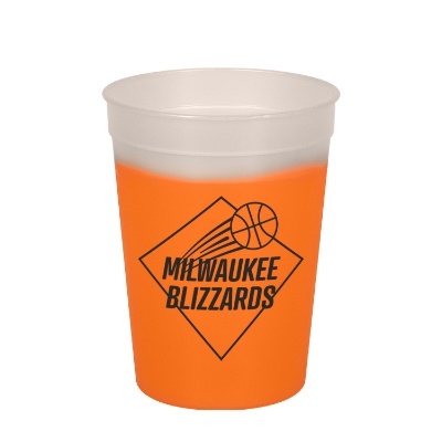 Plastic frosted to green color changing stadium cup with personalized logo in 12 ounces.
