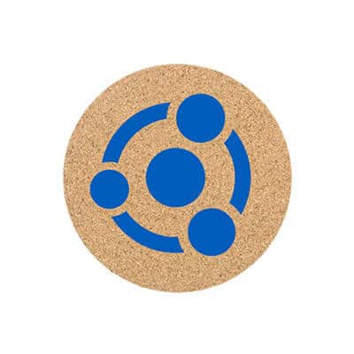 Cork 3.5 inches round coaster with personalized imprint.