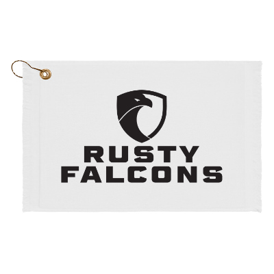 White golf towel with custom logo.