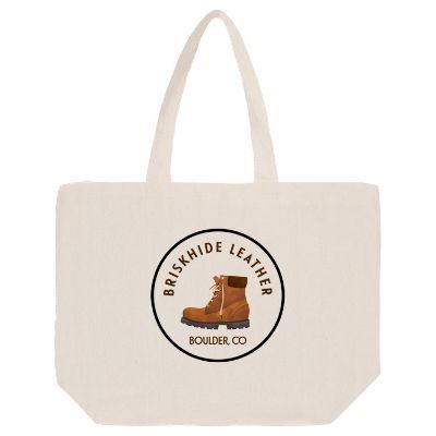 Natural cotton tote bag with custom full-color print, 5-inch gussets and reinforced handles.