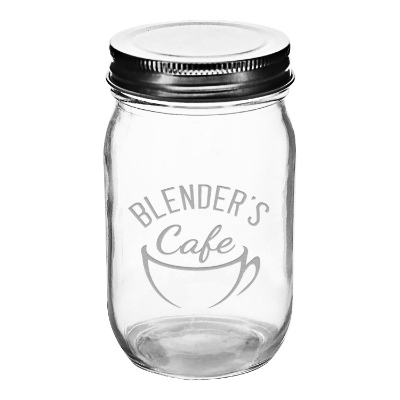 Clear mason jar with engraved logo.