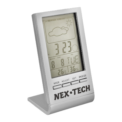 Silver metal clock with a branded logo.